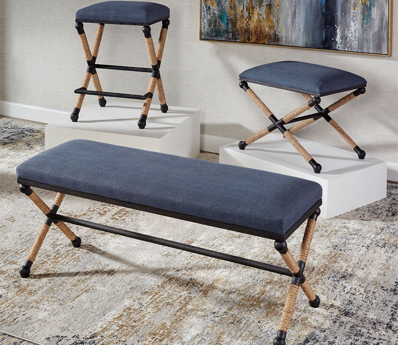 Uttermost Firth Small Navy Fabric Bench - Image 10